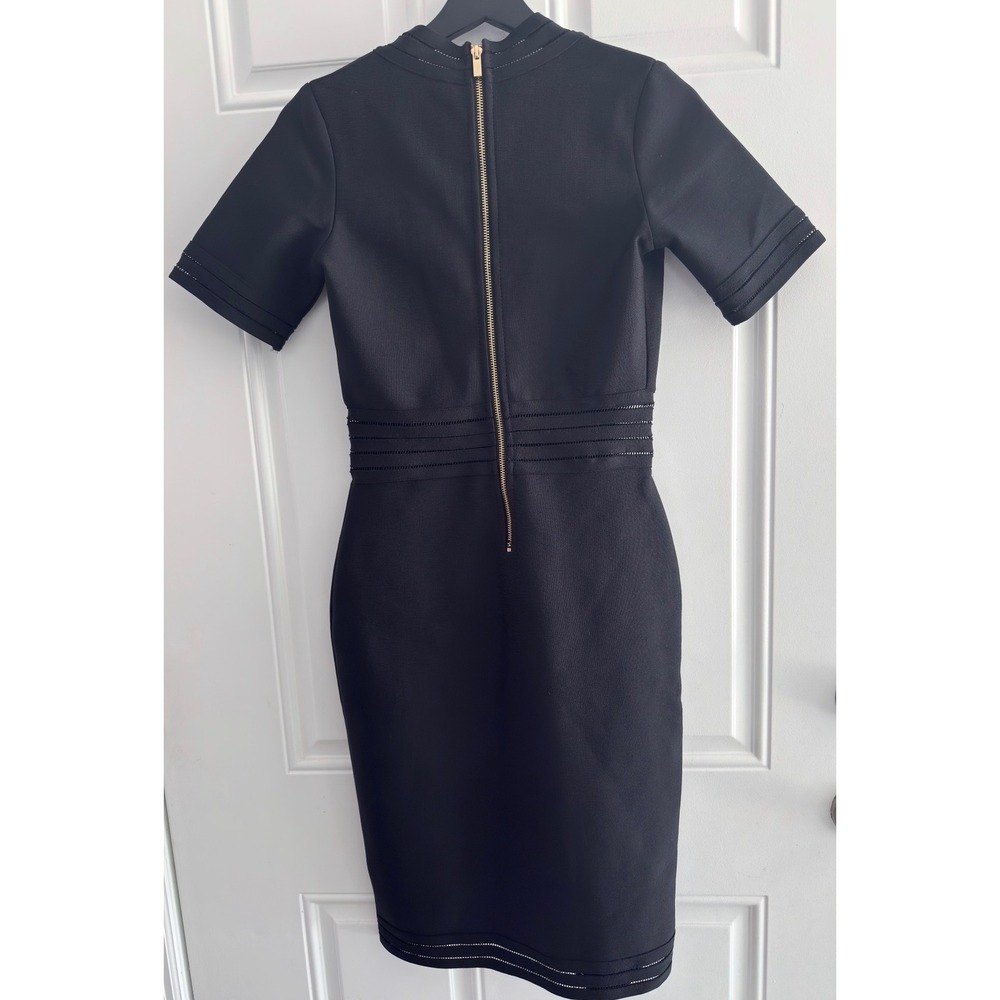 Black Bandage Bodycon Dress Gold Lion Buttons V-Neck, L (see description) - Picture 2 of 3